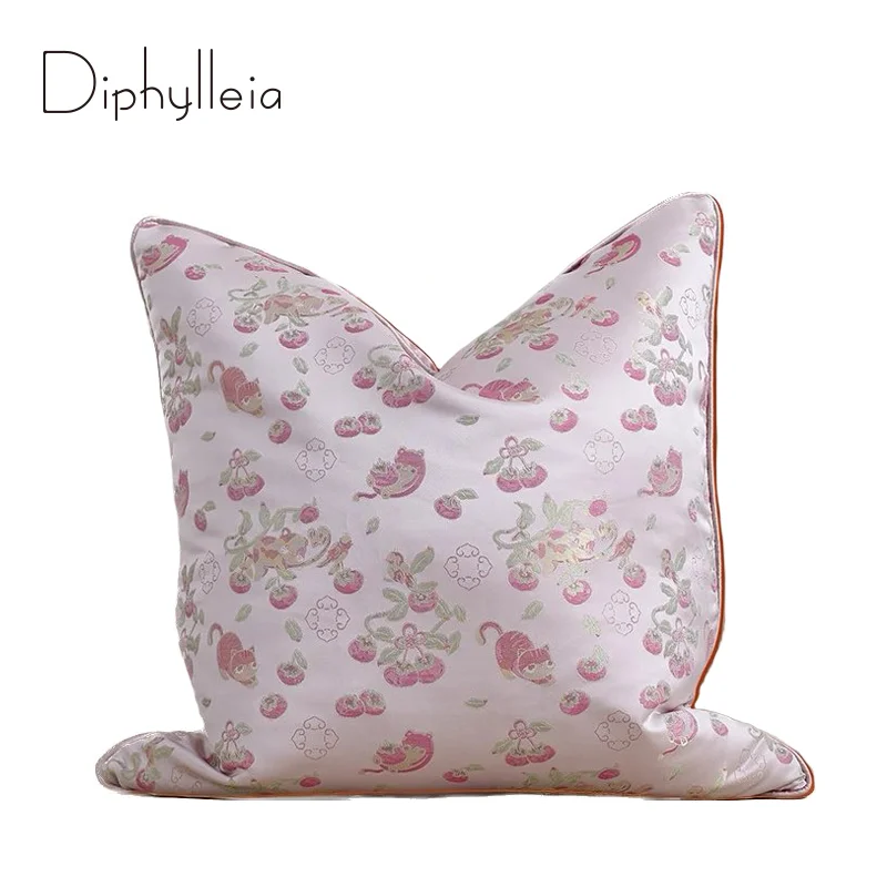 Diphylleia Lovely Pink Kitten Cat And Persimmon Jacquard Throw Pillowcase Luxury Silk Designer Cushion Cover For Boudoir Bedroom