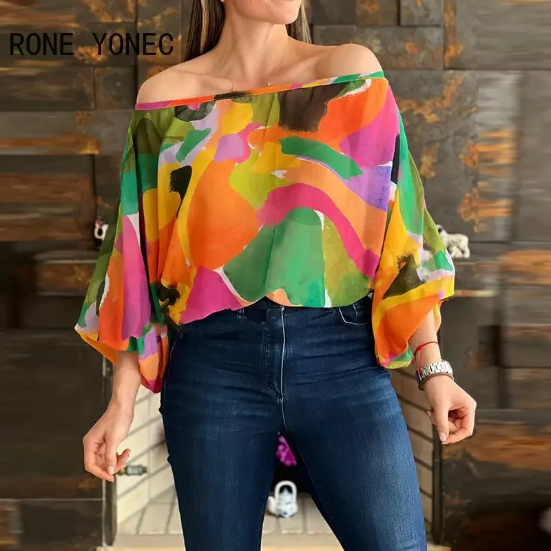 Women Tops 2023 Off Shoulder Allover Print Lantern Sleeve Top Women Blouse