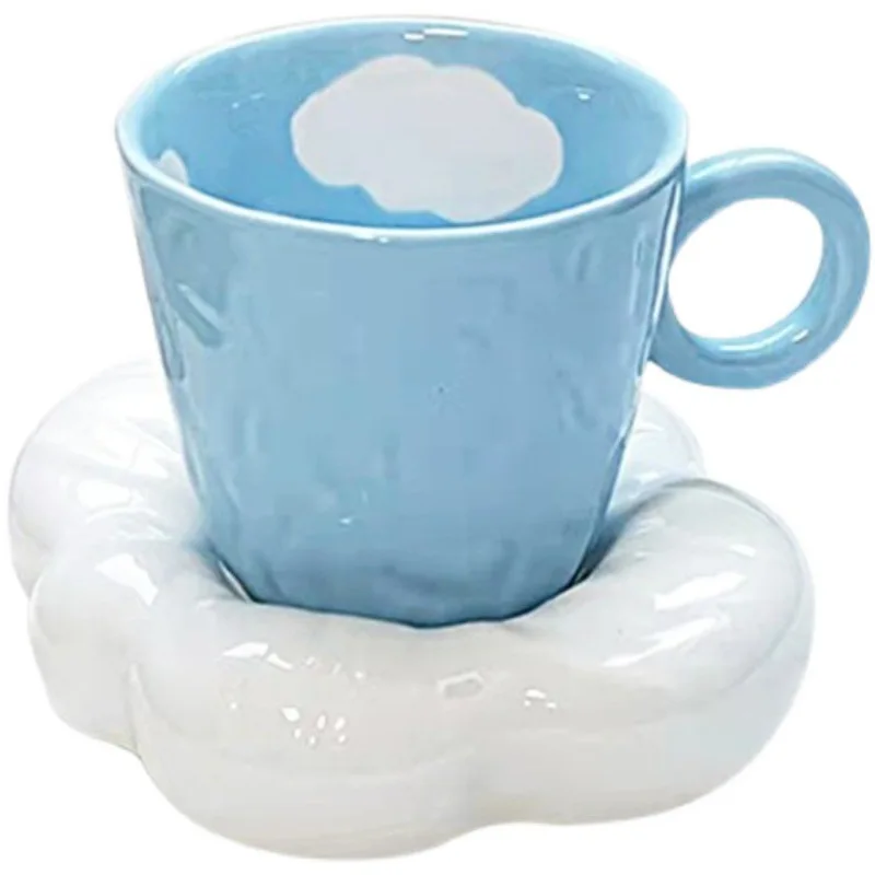 Hand Drawn White Cloud Ceramic Cup, Italian Espresso Cup, Hand Pinched Irregular Flower Cloud Breakfast, Milk Tea Cup, Saucer