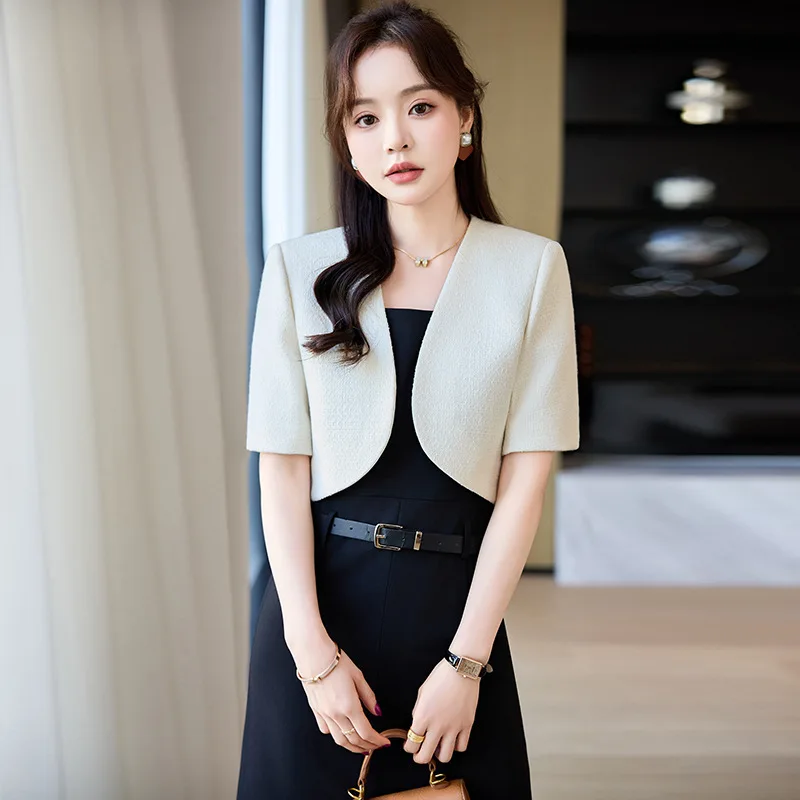 Women Suit Skirt Set 2 Piece Blazer+Midi Prom Dress Summer Short Sleeves Formal Office Lady Work Jacket V Neck Coat Party Gown