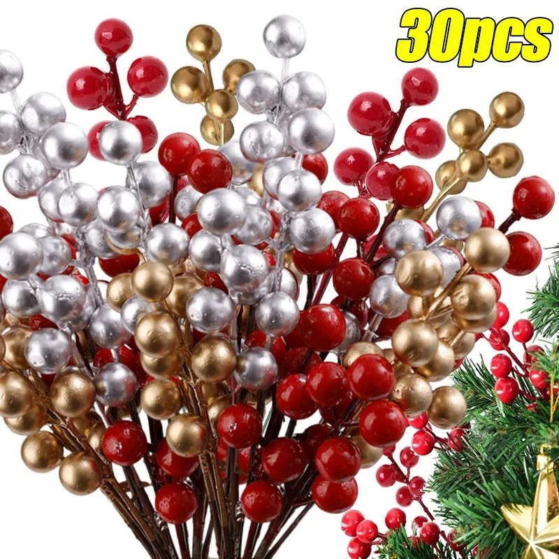 Artificial Holly Berry Branch Christmas 7 Head Red Gold Berries Stems Wreath Ornaments DIY Wedding Party Xmas Tree Decoration