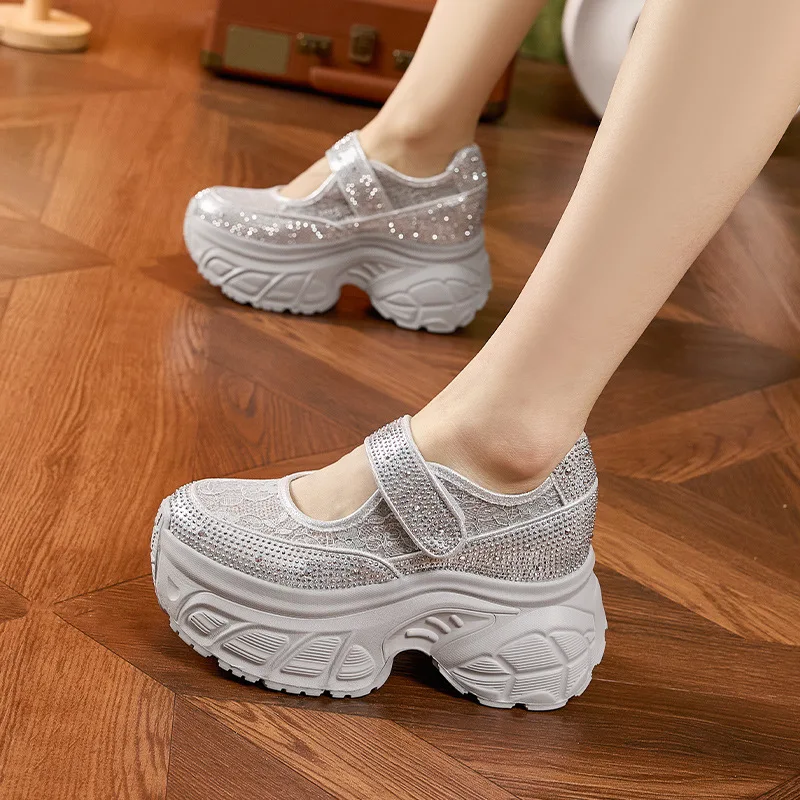 Bling Rhinestone Women's Vulcanize Shoes New Spring Outdoor Ladies marry jane Shoes Thick Platform Sneakers Leisure Sports