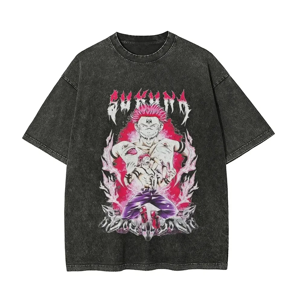 Ryomen Sukuna King of Curses T-shirt Jujutsu Kaisen Tee Vintage Washed Oversized Retro Anime Harajuku Streetwear Graphic Clothes