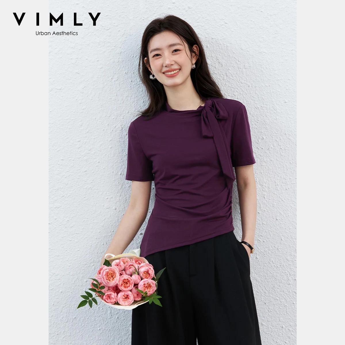 VIMLY Women's Summer T-Shirt 2026 Elegant Fashion Ladies Tee Adjustable Bow Tie Asymmetrical Hem Slim Fit Short Sleeve Top A5210