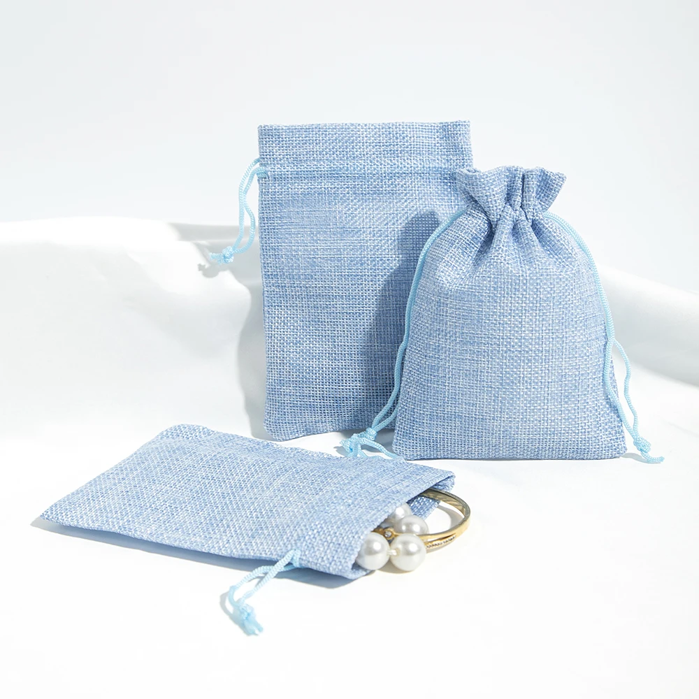 Blue Burlap Gift Bags Jute Drawstring Bags Linen Sacks Storage Bags Burlap Bag for Wedding Favors Party DIY Jewelry Pouches Bulk