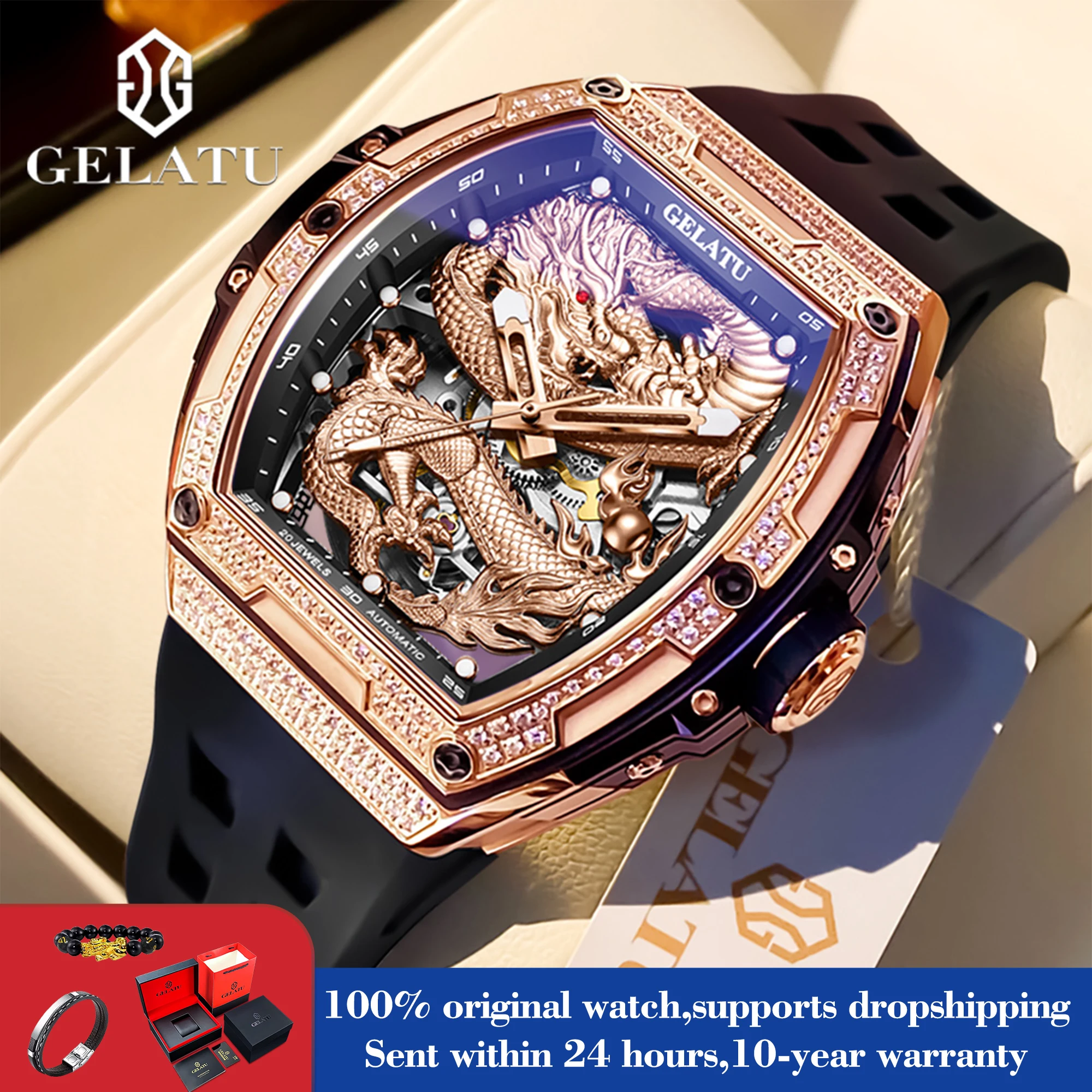 GELATU 6021 Hollow Dragon Mechanical Watch For Men Big Dial Waterproof Silicone Strap Clock Luminous Original Automatic Watches