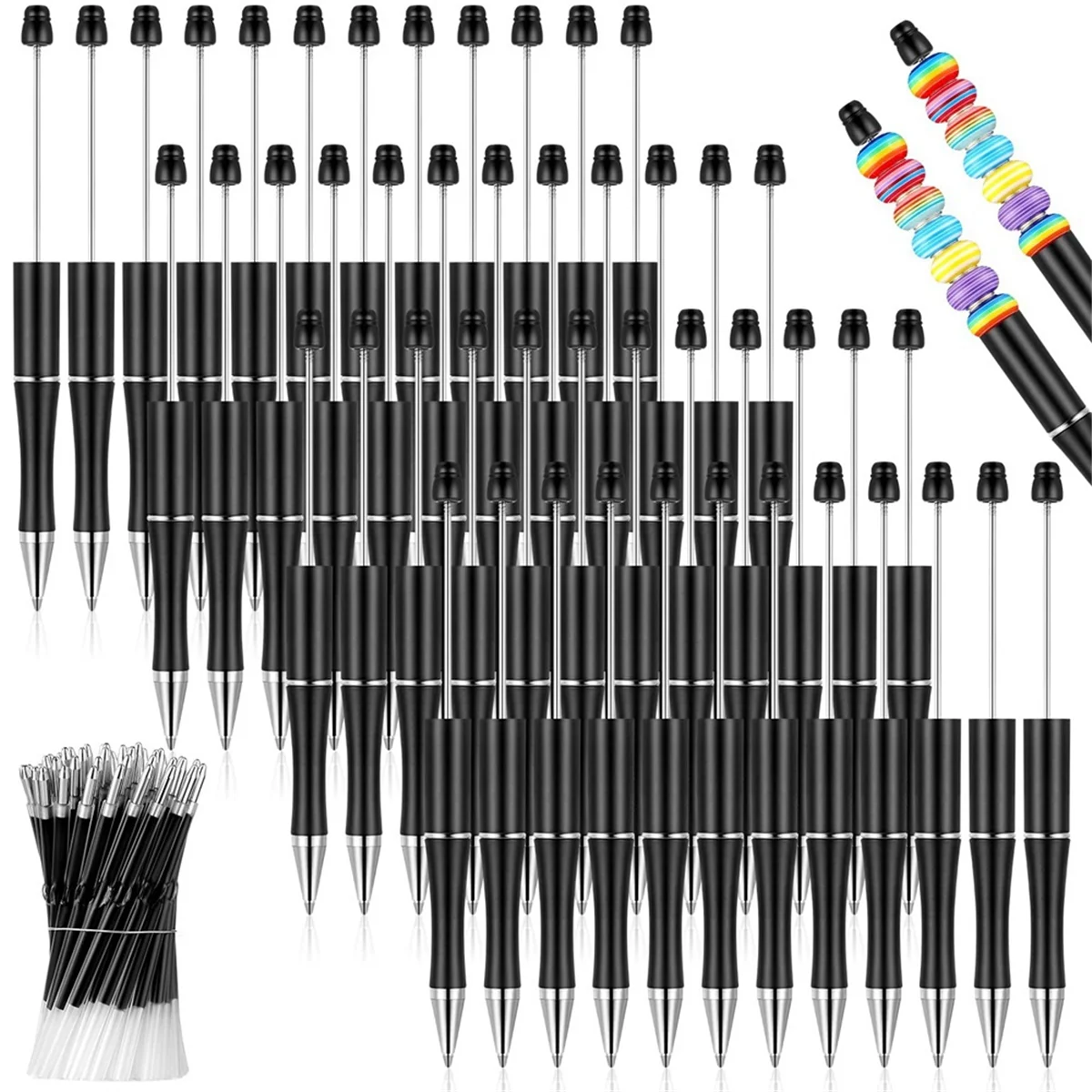 50Pcs Plastic Beadable Pen Bulk Bead Ballpoint Pen Shaft Black Ink Beaded Pens with 50 Refills for DIY Making Gift Black