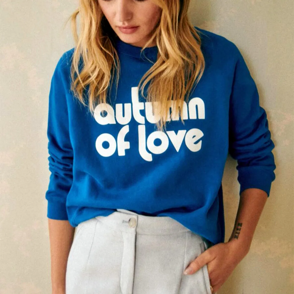 French Retro Autumn Letters Printing Cotton Crewneck Sweatshirts Female Loose Casual Pullover 80's 90s Royal Blue Jumper