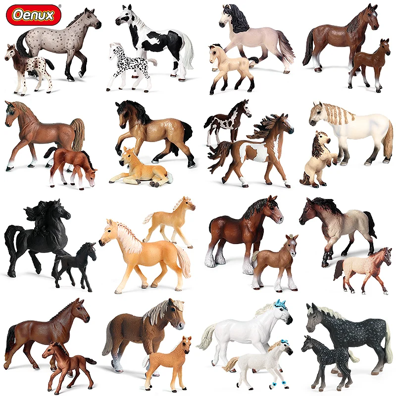 Oenux 2PCS Wald Wilden Steed Clydesdale Pferd Tier Modell Action-figuren Bauernhof Reiter Ritter Horseman PVC Sammlung Kid Spielzeug geschenk