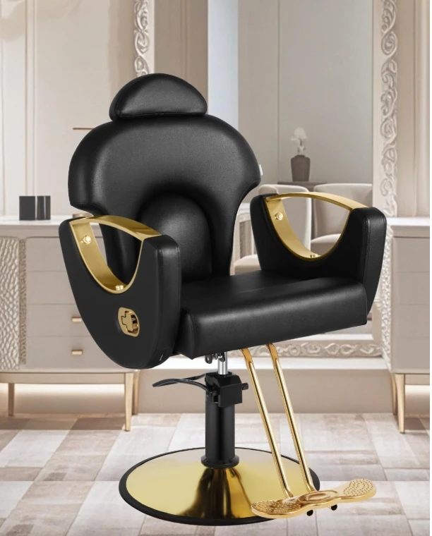 Black and Gold Salon Barber Chair, Reclining Salon chair for Hair Stylist for Home, Barber Chair with Hydraulic Pump,360° Swivel