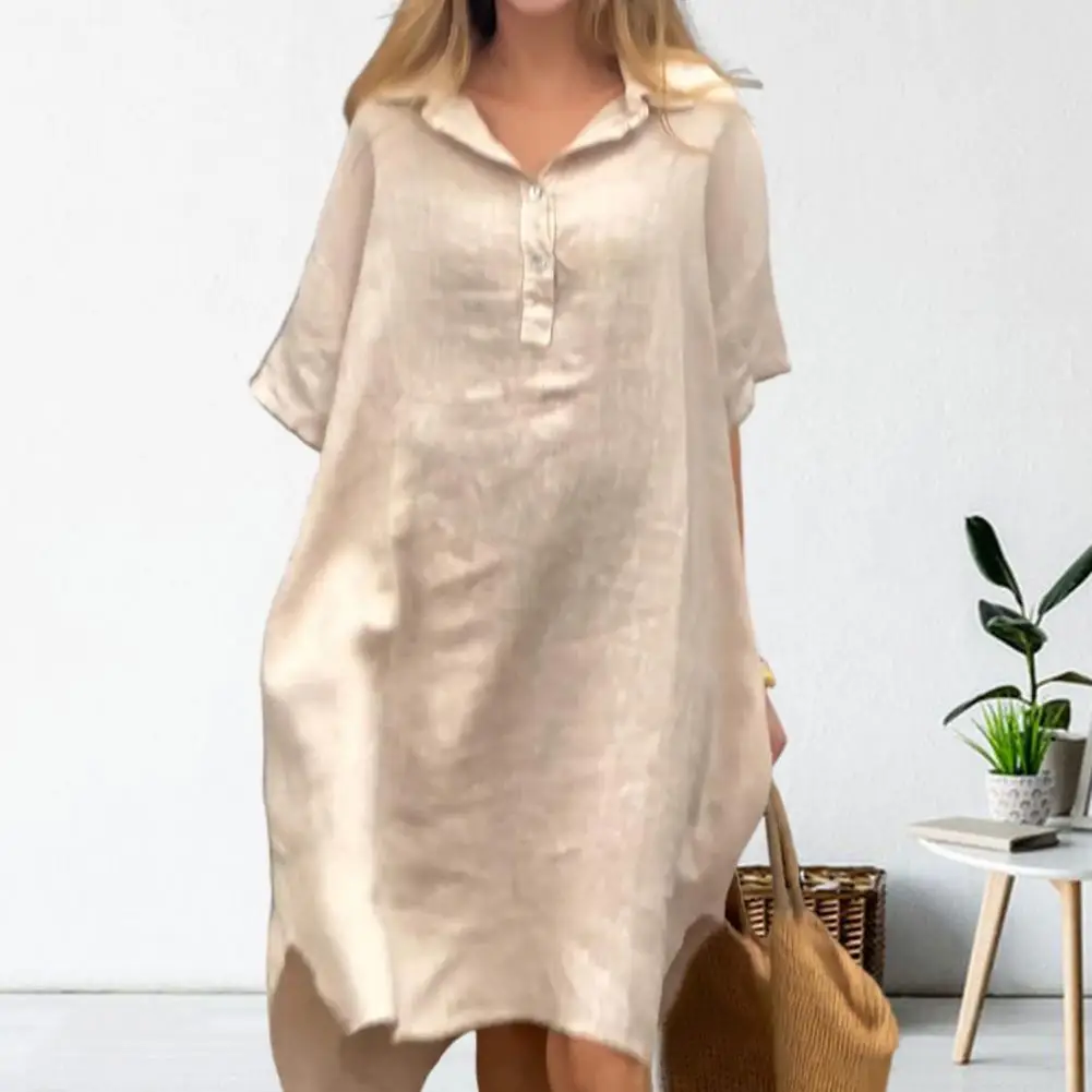 Vestido feminino na altura do joelho com gola virada para baixo, vestido irregular, gola de camisa, elegante, moda verão