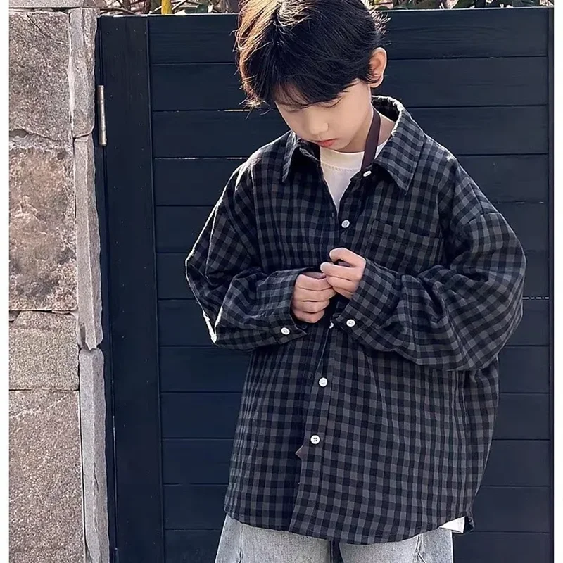 

Boys' Long sleeved Shirt Spring and Autumn 2026 New Style Children's Casual Checkered Shirt Coat