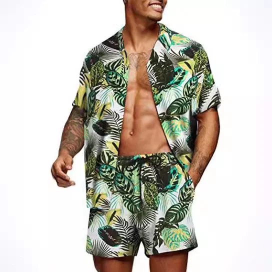

Hawaiian Style Casual Shirt And Shorts Set for Men Loose Fit Floral Print Youth Autumn Cotton Short Sleeve Clothing Set