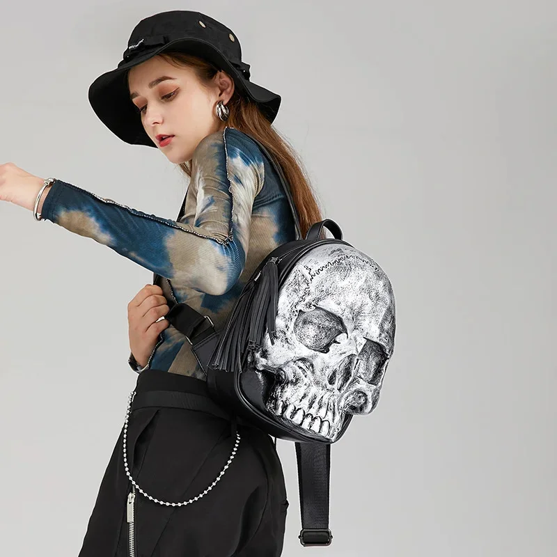 Mochila de cabeza de esqueleto 3D para hombre y mujer, bolso de Calavera, diseño de borla negra, bolso de viaje s de diseñador de moda