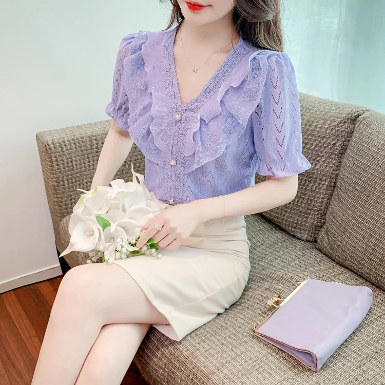 Spitzen-Rüschenhemd mit V-Ausschnitt für Damen im Sommer. Neues französisches, kurzärmeliges Hemd mit süßem Temperament