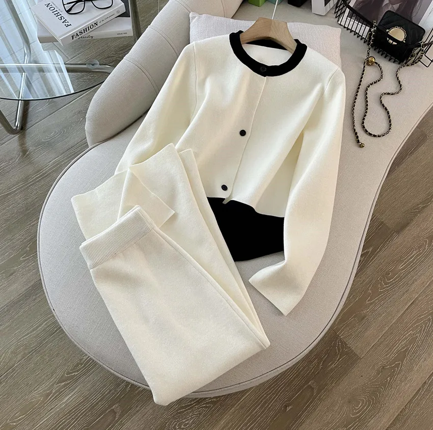 High Qulaity Hit Color Sweater Suits Fashion Women O Neck Single Breasted Knitted Sweater Cardigan+Autumn Winter Long Skirt Suit