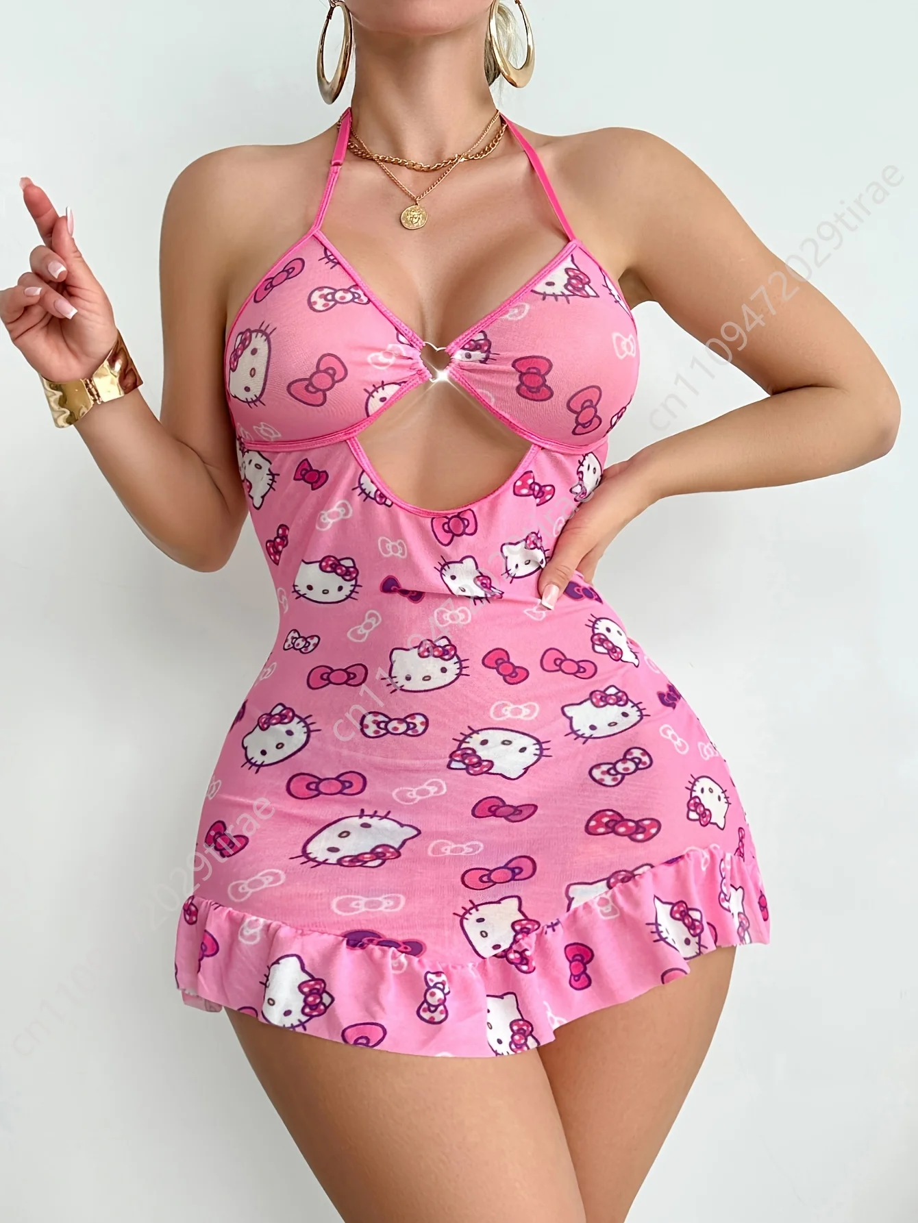 

Sanrio Women'S Pink Hello Kitty Print Halter Neck Mini Dress, Cutout Bodycon Ruffle Hem Nightwear Lingerie for Women