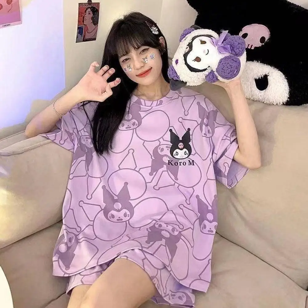 Sanrioed Kuromi Pajamas Set Cartoon Women Cotton Thin O-Neck Tops Shorts Anime Kawaii Summer Homewear Cute Girls Student Loose
