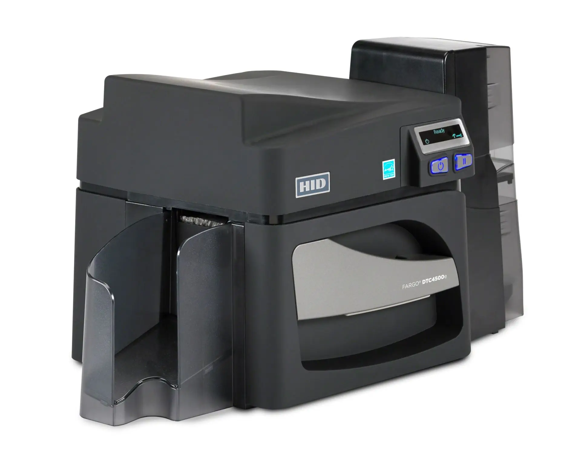 HIDFargo DTC4500e Single Sided Plastic Card Printer with USB and Ethernet Connectivity use 045200 color ribbon