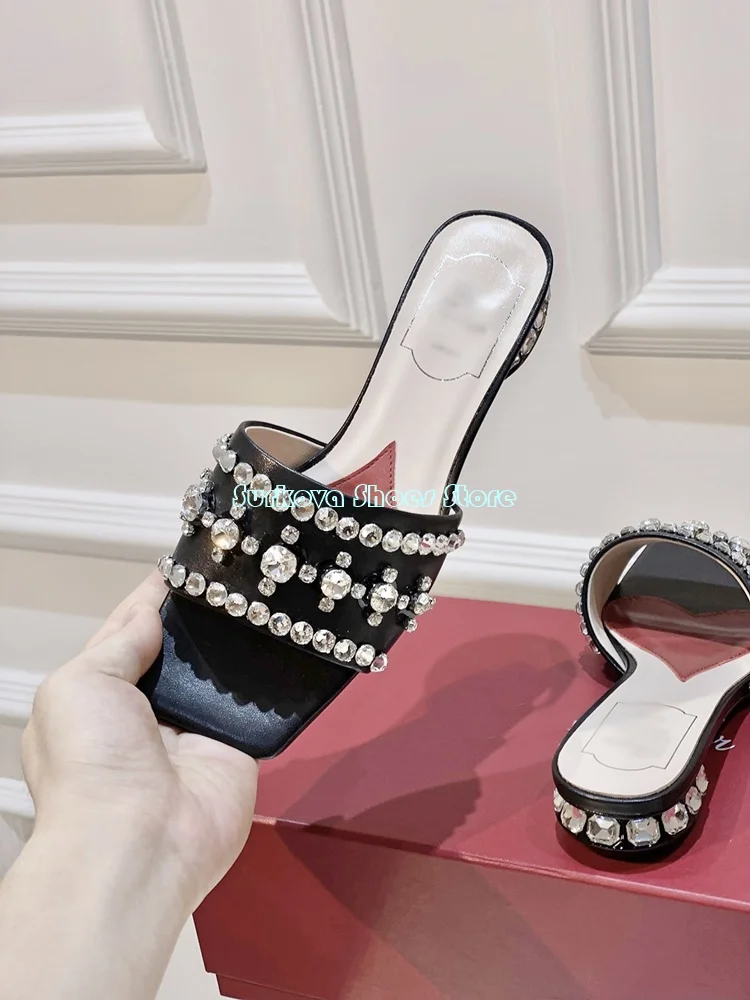 Surkova Square Toe Crystal Slip On Slippers Luxury Women's Rhinestone Sandals Glitter Bling Casual Sandal Flat Sparkle Slides