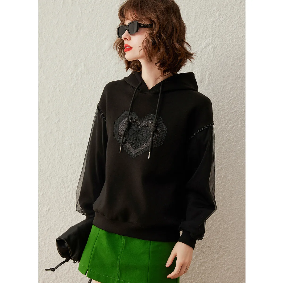 LOUIS YAO Women Stylish Hooded Women Sweatshirt 2023 Autumn Sequin Embroidered Mesh Patchwork Long-sleeve Casual Top