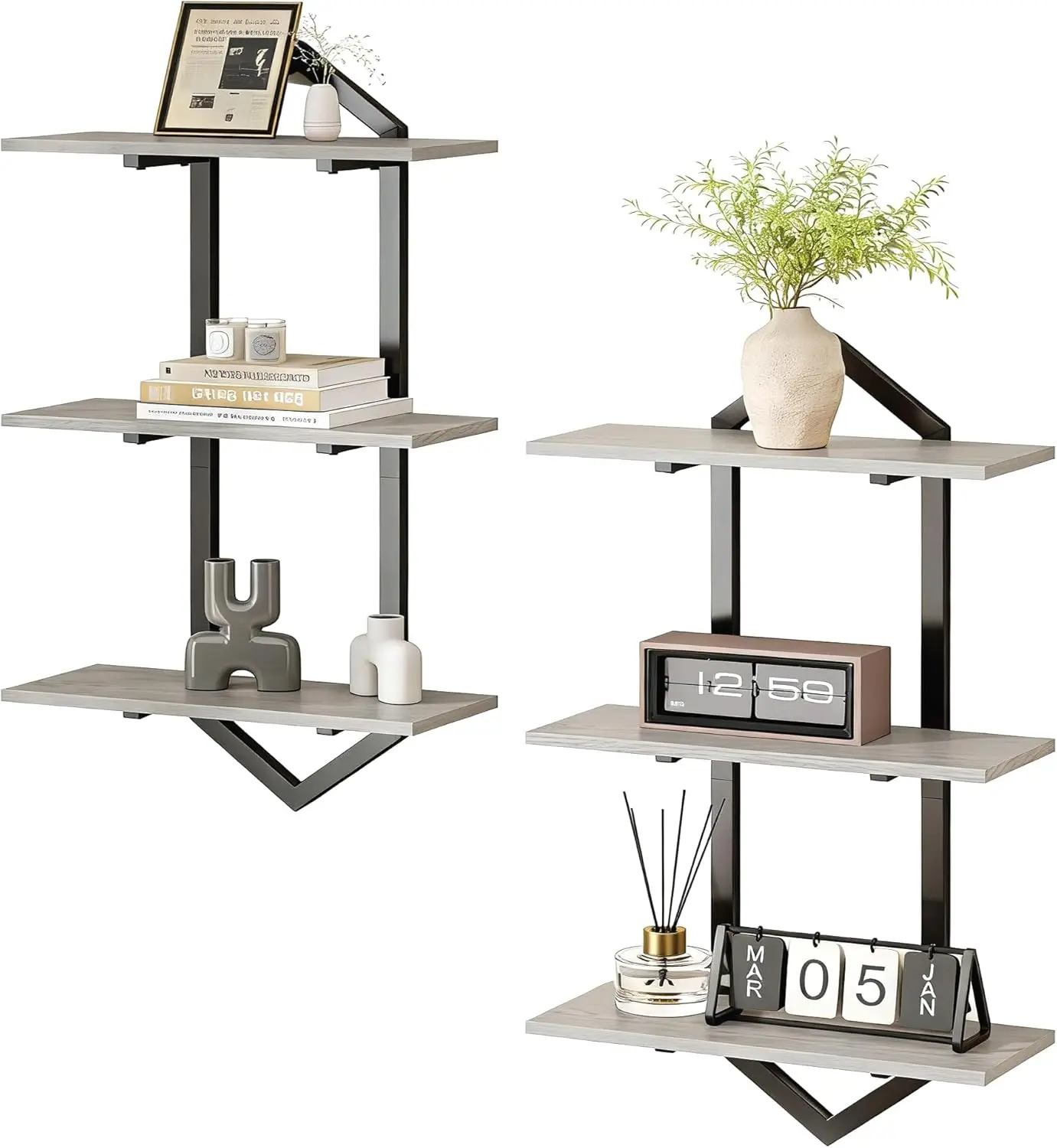 

3 Tier Floating Shelves, Set of 2 Wall Shelves for Living Room, Modern Geometric Wooden Shelf for Wall Decor, Hanging S