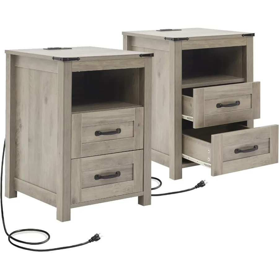 Grey Night Stand Set of 2 Rustic End Table with Charging Station Farmhouse Tall Nightstand for Bedroom Drawer Dresser Bedside T
