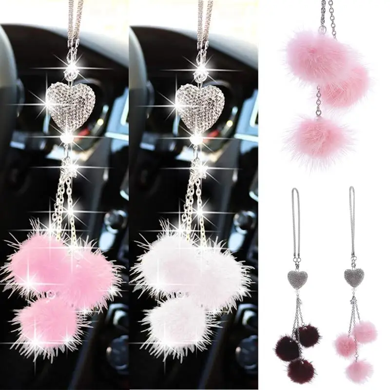 Rhinestone Crystal Plush Pendant Auto Rearview Mirror Ornament Bling Car Mirror Hanging Accessories Car Interior Decoration