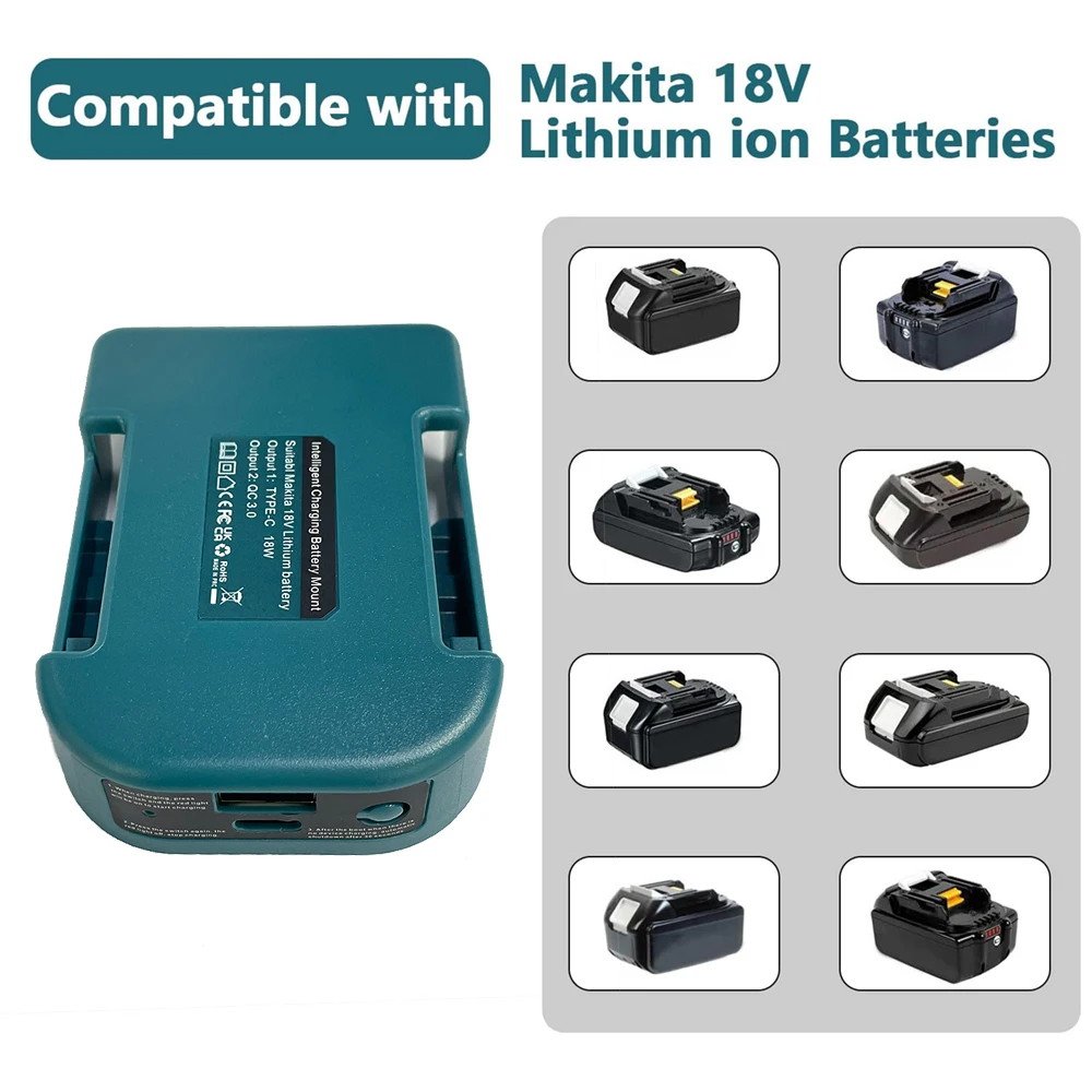 1pc Fast Charger Rack for Makita 18V Lithitum Battery Portable Adapter with 5V USB Port and 18W Type-C Port Fast Charging