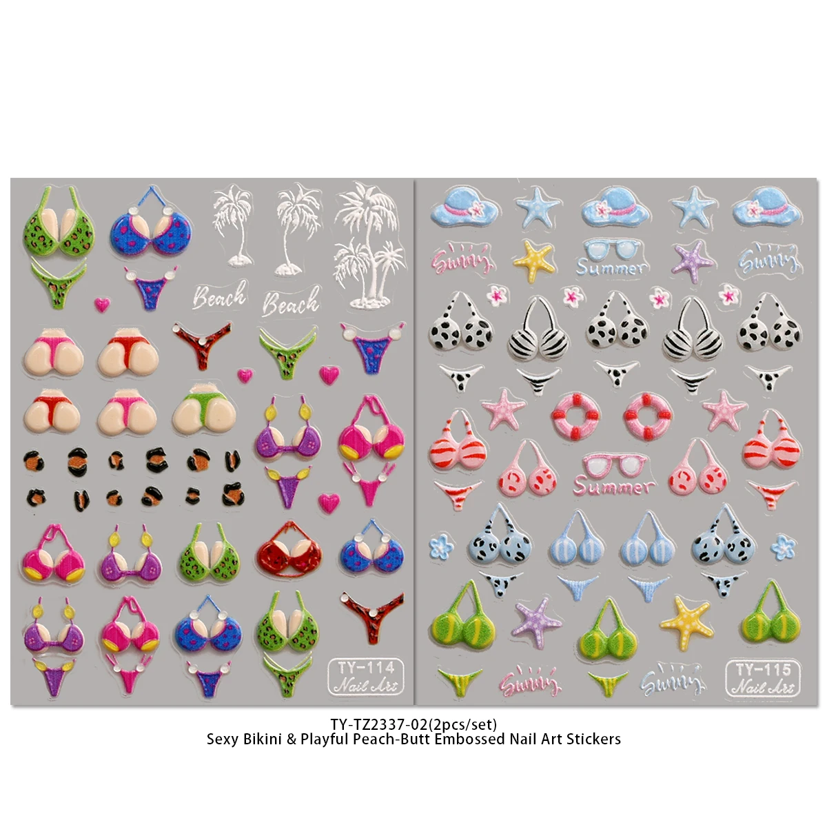 5D Embossed Sexy Bikini Nail Art Stickers, Summer Beach Theme Peach-Butt Textured Decals, 3D Self-Adhesive Tropical Palm Tr