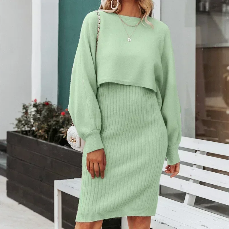 Women Sweater Midi Dress Set Casual Pullovers Suits Autumn Winter O-neck Long Sleeve Knitted Solid Slim Elegance Tops Elastic