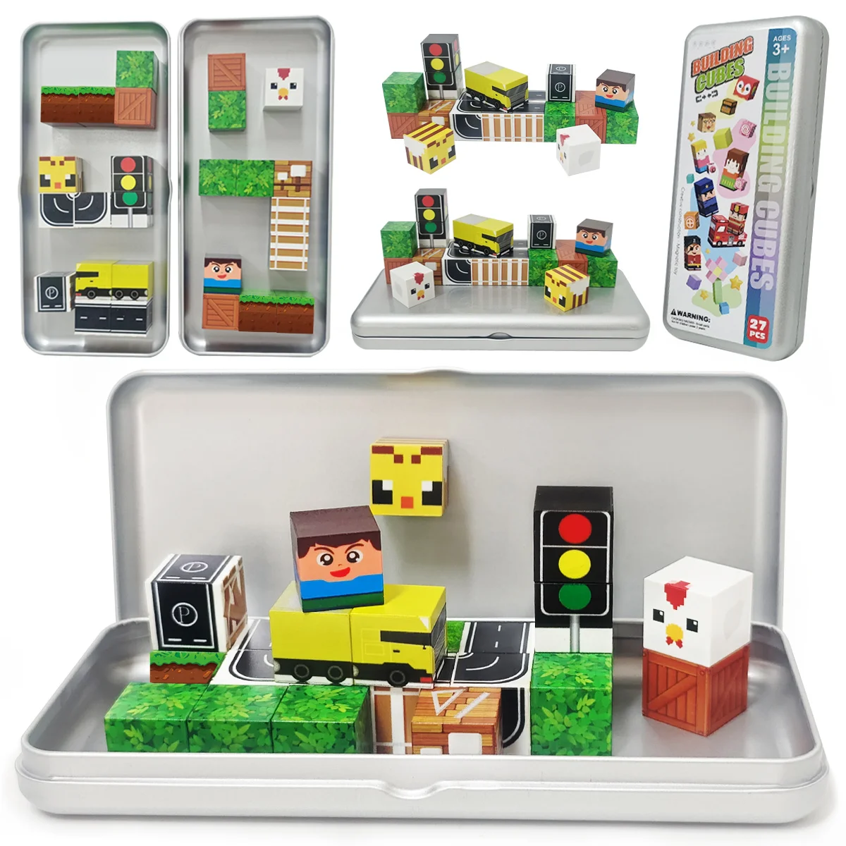 Conjunto de blocos magnéticos de caixa de ferro, ímãs empilhados de floresta de cidade infantil, brinquedos livremente construídos, brinquedos sensoriais de quebra-cabeça infantil