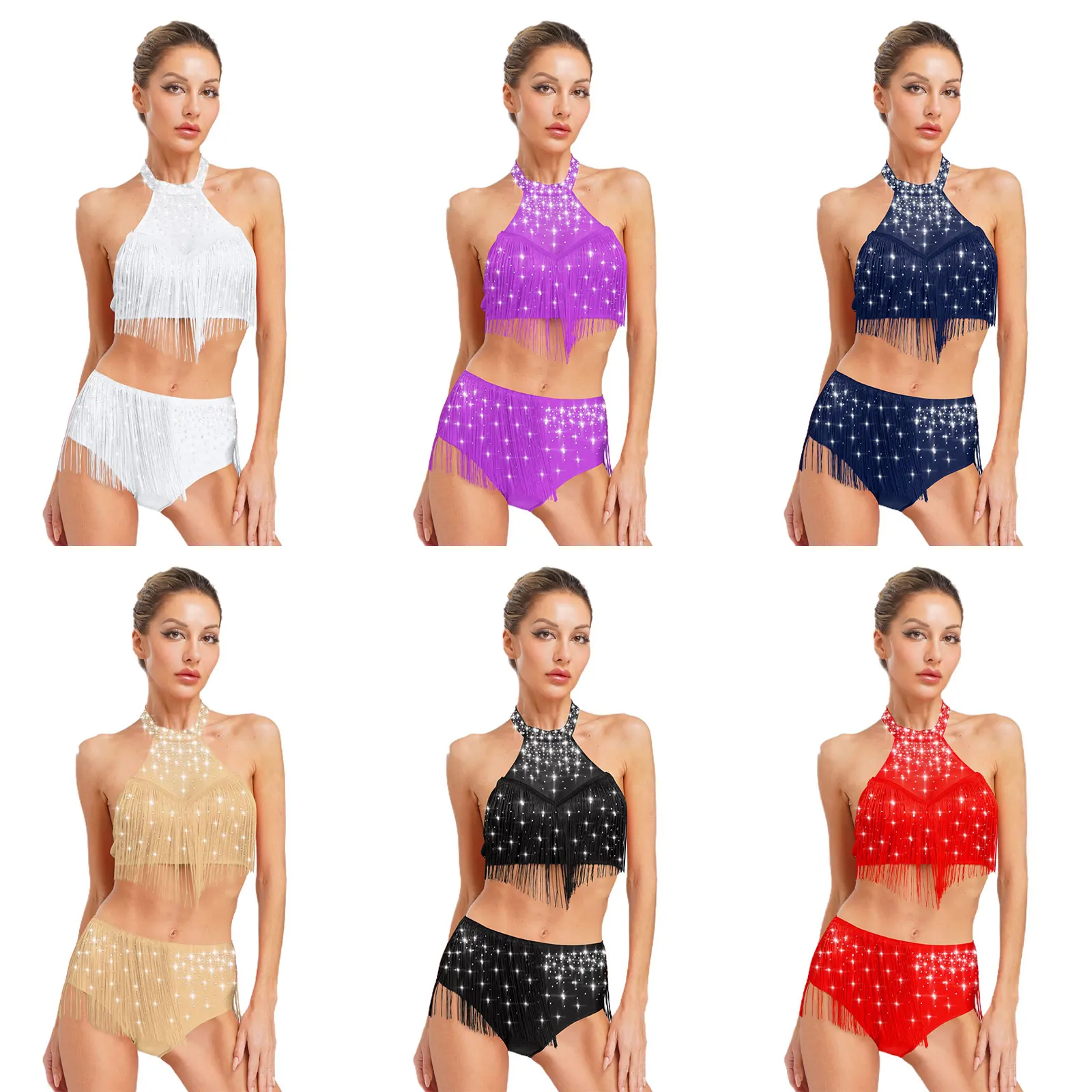 

Women Rhinestone Latin Dancing Competition Outfit Halter Mesh Crop Tops And Tassel Underwear Shorts for Salsa Samba Belly Dance
