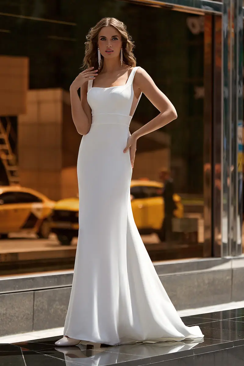 Abito da sposa con cinturino a Spaghetti senza schienale senza maniche elegante colletto quadrato in raso Robe De Mariee personalizza per misurare la macchia morbida