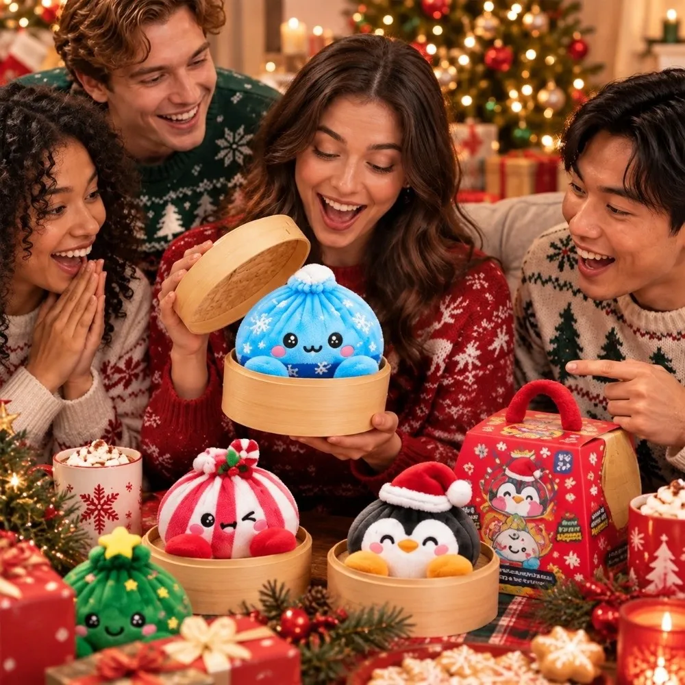 Soft Plush Stuffed Dumpling Squishies Stress Relief Fidget Giant Christmas Dumpling Pillow with Steamer Stuffed Steamed Bun Toy