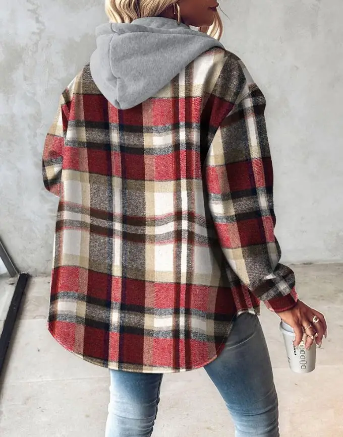 

Женская куртка, осенняя клетчатая куртка с длинным рукавом и пуговицами спереди, толстовка с капюшоном и шнурком, пальто, повседневная рубашка с карманами и термоподкладкой, пальто