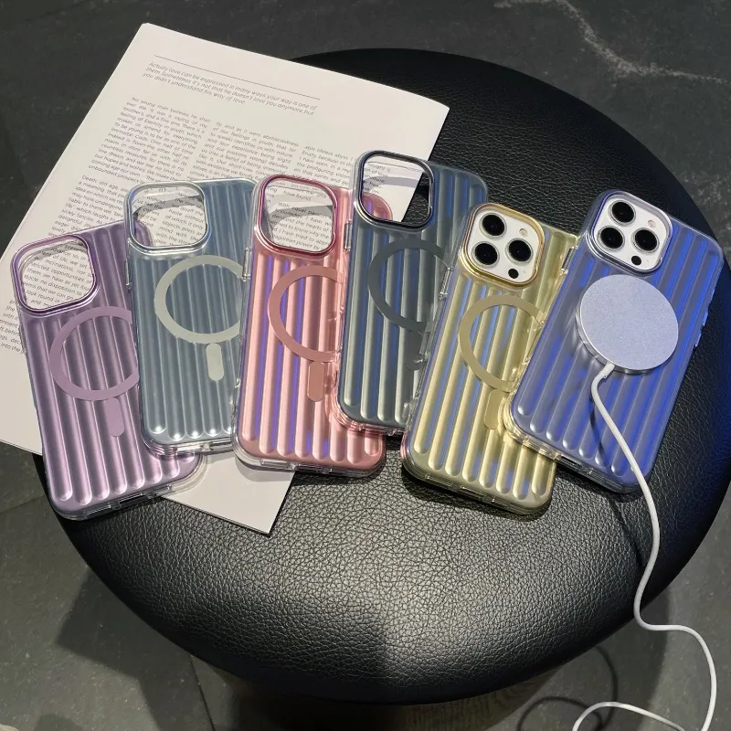 

Frosted PC Stripe For Magsafe Magnetic Phone Case For iPhone 16 15 14 Pro Max 13 Wireless Charging Corrugated Shockproof Cover