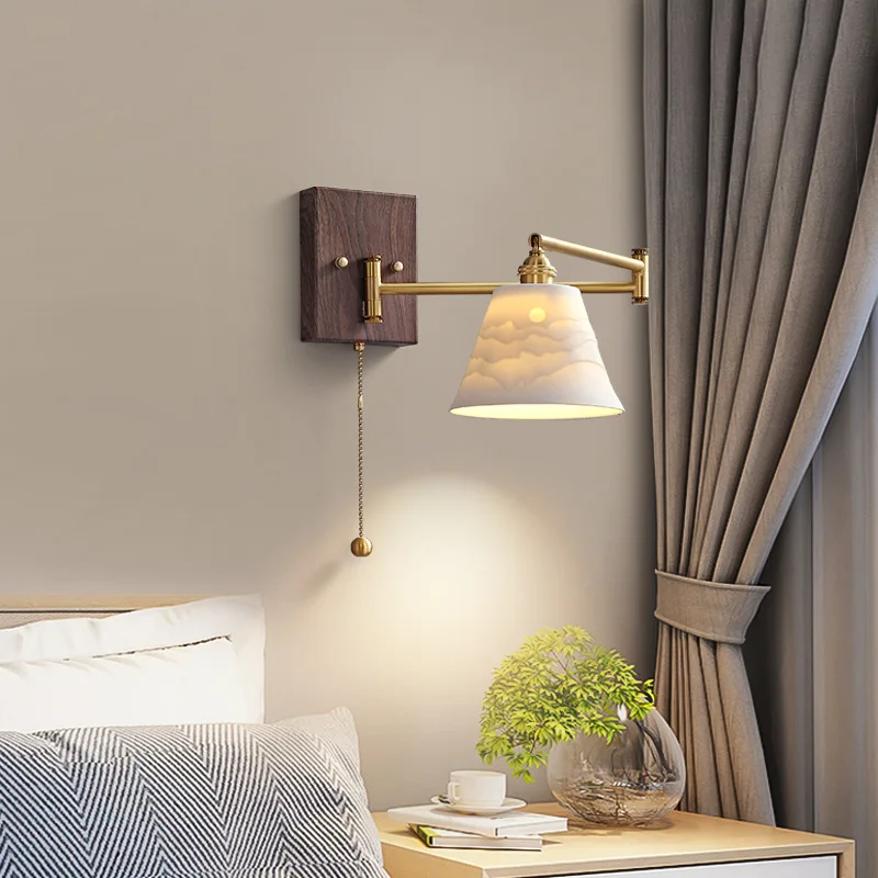 Classic Folding Wall Lamp Bedroom Bedside light Designer Copper lamp Living Room Reative Pull Cord Switch Retractable Light