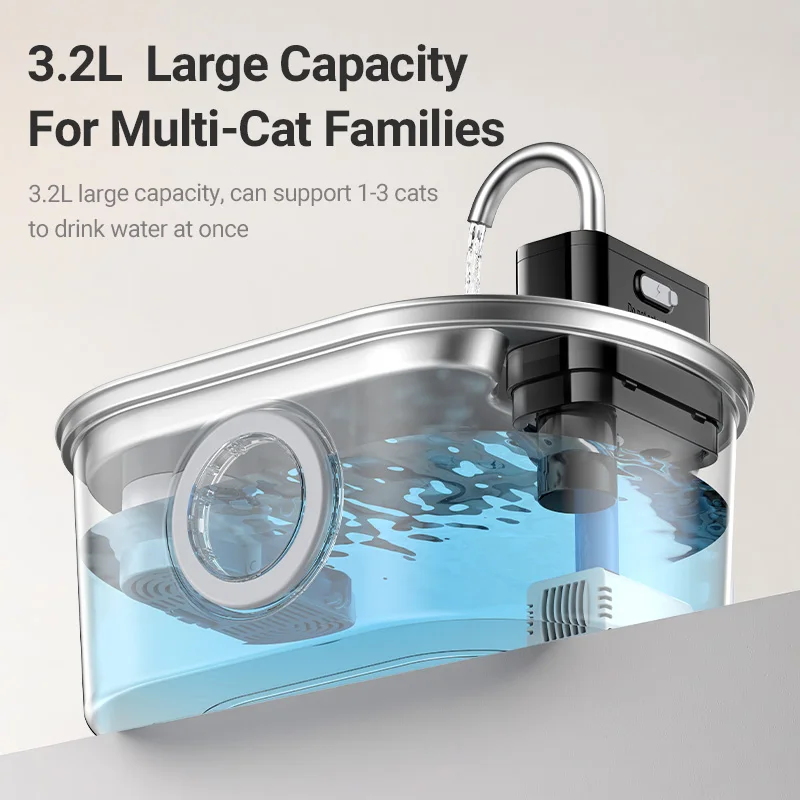 

3.2L Stainless Steel Cat Water Fountain Wireless Sensor Smart Automatic Pet Water Dispenser USB Pet Drinking Bowls