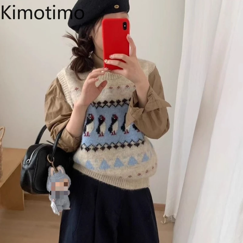 

Kimotimo, милый мультяшный жаккардовый свитер, жилет, женский винтажный пуловер без рукавов с круглым вырезом, осень-зима 2022, вязаный укороченный топ с перекрытием
