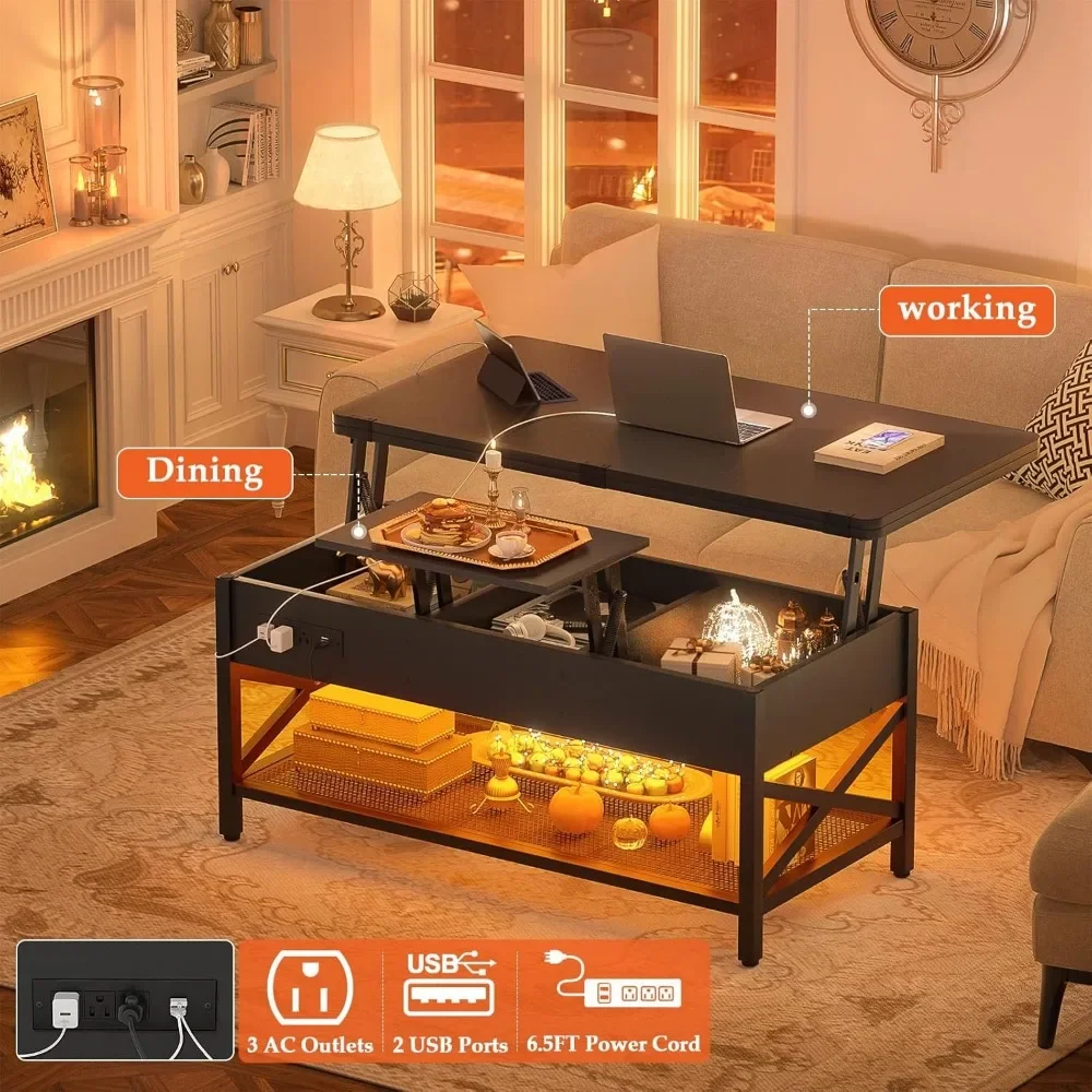 Coffee Table Lift Top Multi-Function Coffee Table Converts to Dining Table, with LED Light and Power Outlet, Center Table with