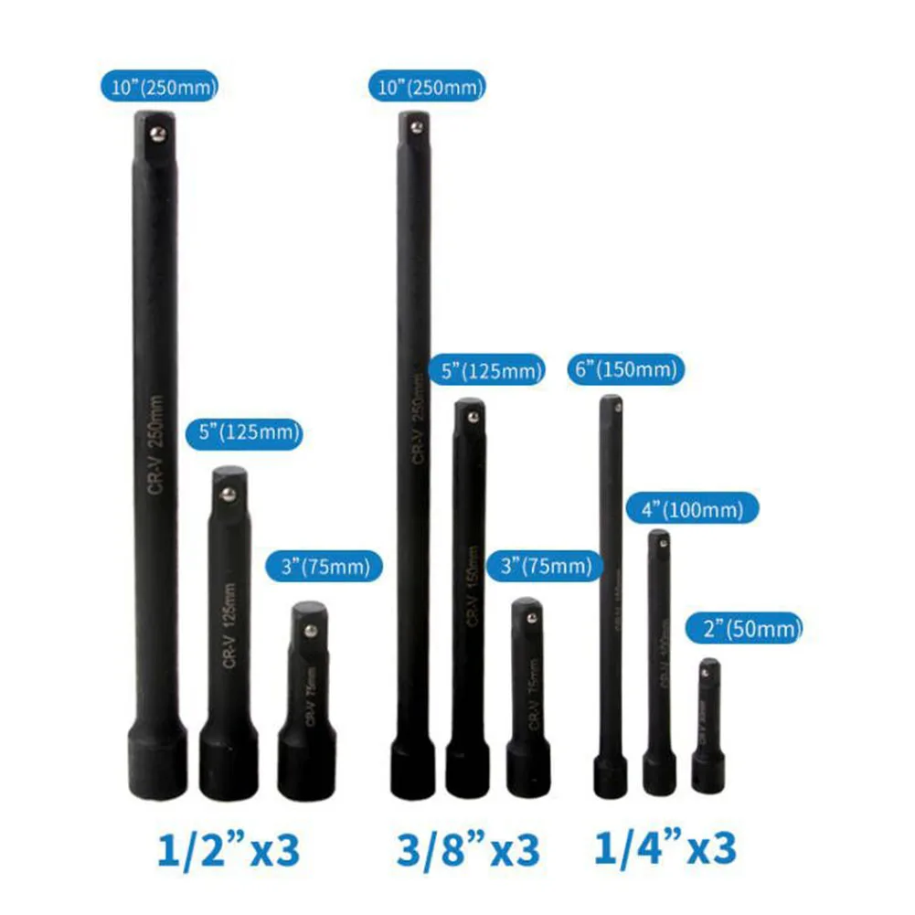 9PCS Socket Extension Bar Set 1/4 3/8 1/2 Drive Wobble Extender Kit For Hard To Reach Fasteners Auto Repair Tool Accessories