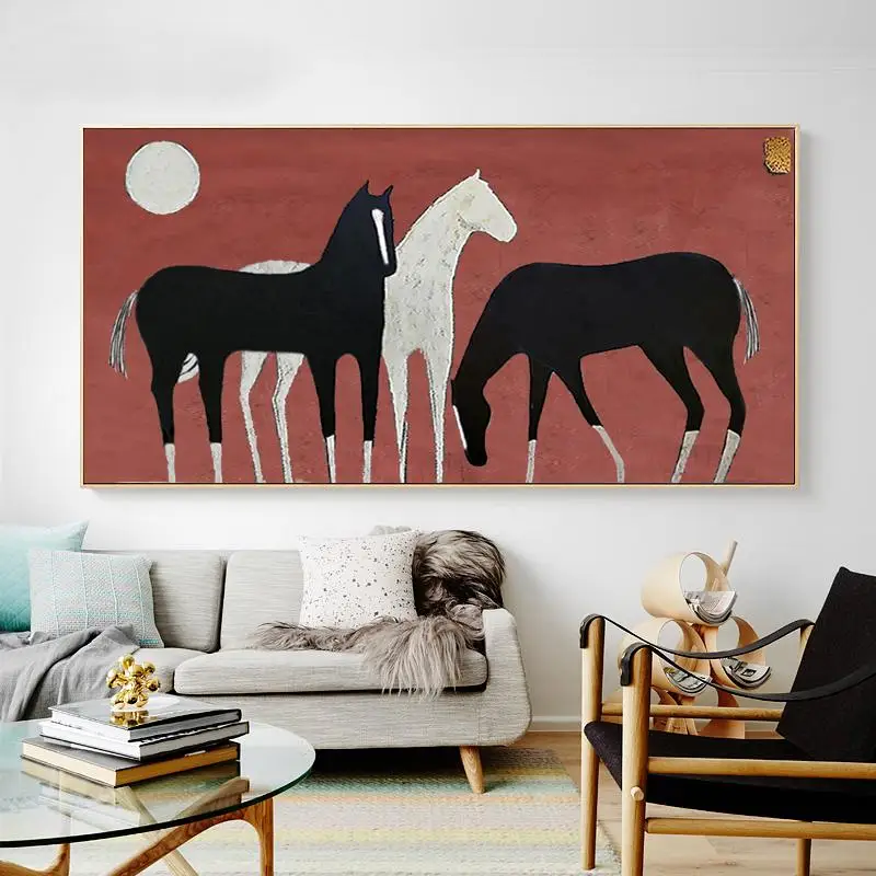 New Abstract Large Sizes 100% Handmade horse Black and white animal Oil canvas painting for modern living room wall decoration