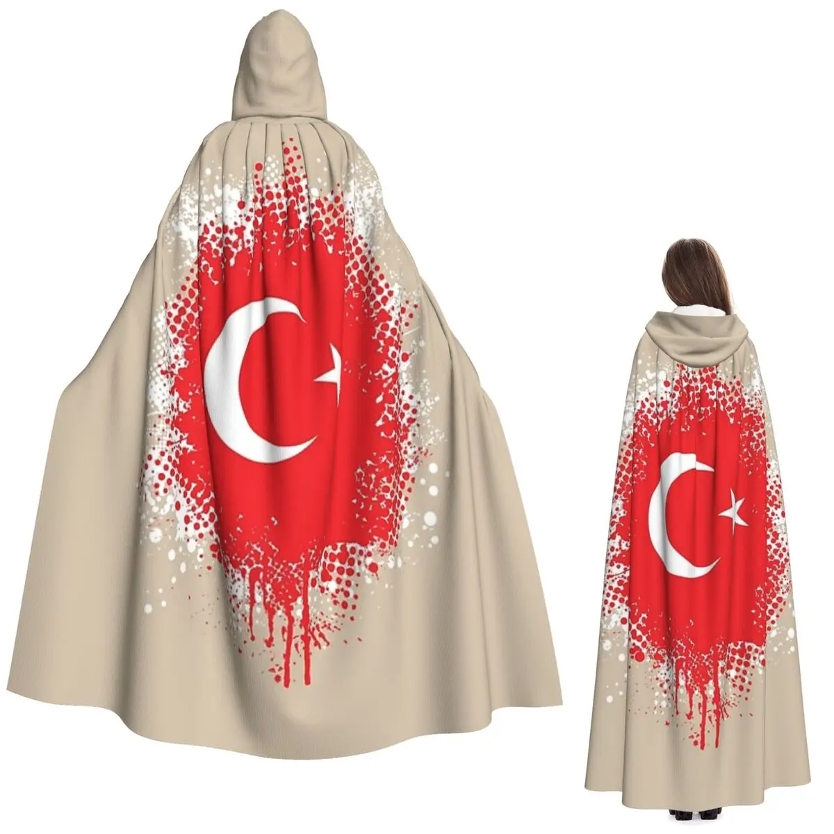 

The Republic Of Turkey Flag Long Hooded Cloak Witch Medieval Costume Cosplay Cape HalloweenParty Adult Unisex