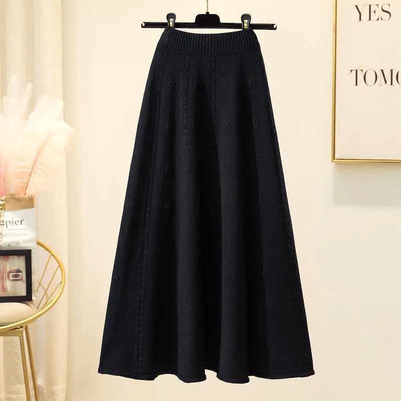 Korean Fashion Autumn/Winter Women's Solid Elastic High Waist Jacquard Weave Simplicity Slim Mid-length A-line Knitted Skirt