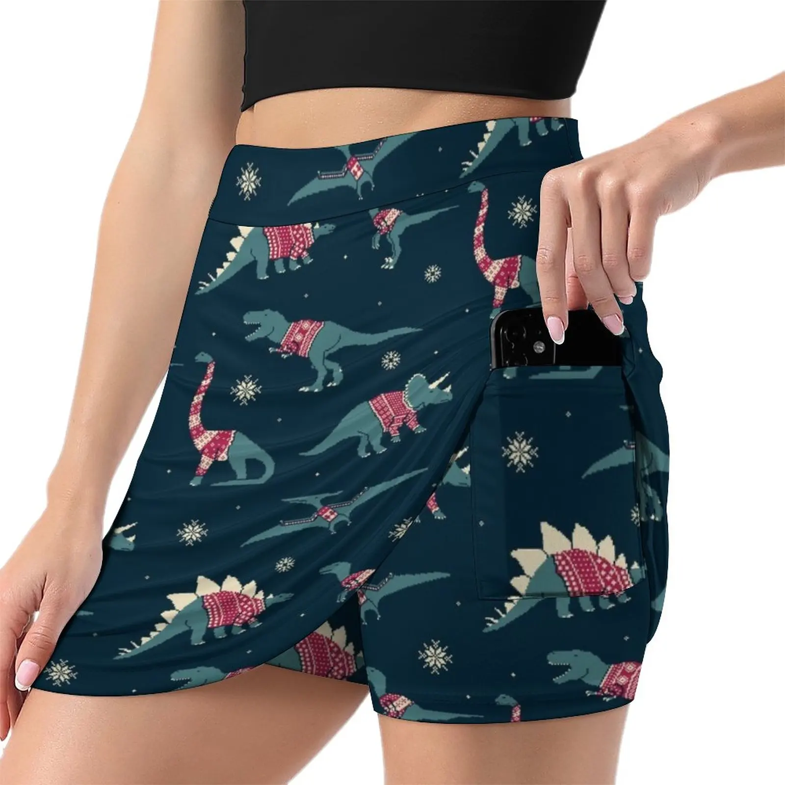 Saia de calça leve feminina, tendência de roupa feminina, saia curta, Dinos em suéteres, 2023