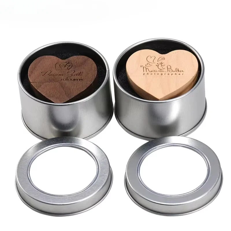 محرك أقراص القلب من خشب القيقب الجميل بسعة 128 جيجابايت وشعار مخصص مجاني ومحرك فلاش USB سعة 64 جيجابايت مع صندوق حديد عصا ذاكرة 32 جيجابايت هدية إبداعية