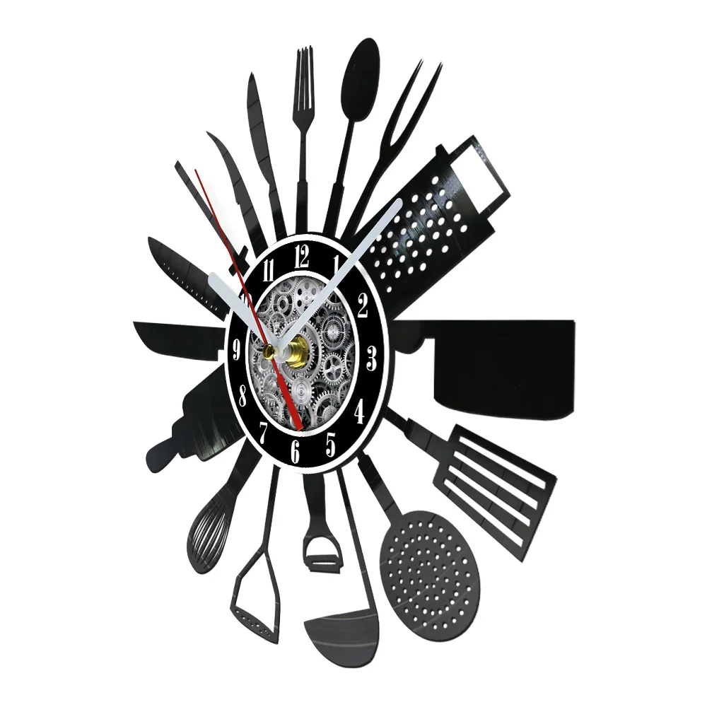 Cutlery Tableware Kitchen Wall Clock Made of Real Vinyl Record Retro Music Album Home Decor Cut Out LP Vinyl Disk Crafts Clock