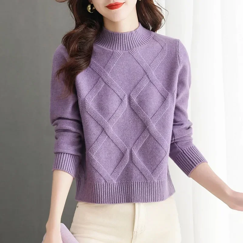 2024 Autumn Winter Pullover Half Turtleneck Knitted Sweater Women Vintage Long Sleeve Bottoming Female Pink Tops Jumper Pull