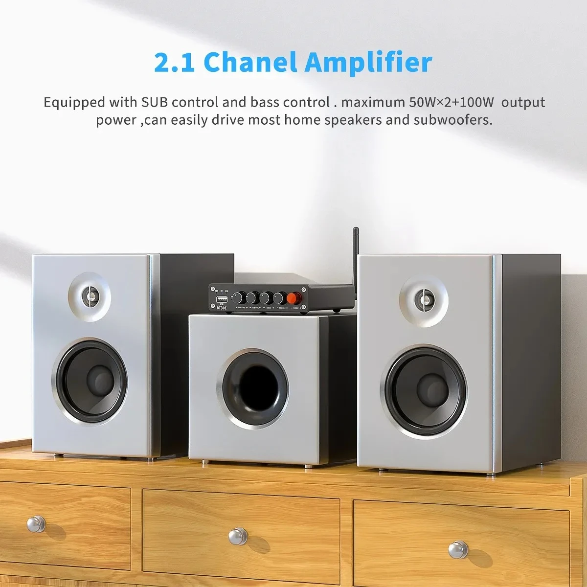 

Blue 5.0 Sound Power Amplifier 2.1 Channel Integrated Amp & U-Disk Player Home Audio Subwoofer 100W BT30E Fosi Audio